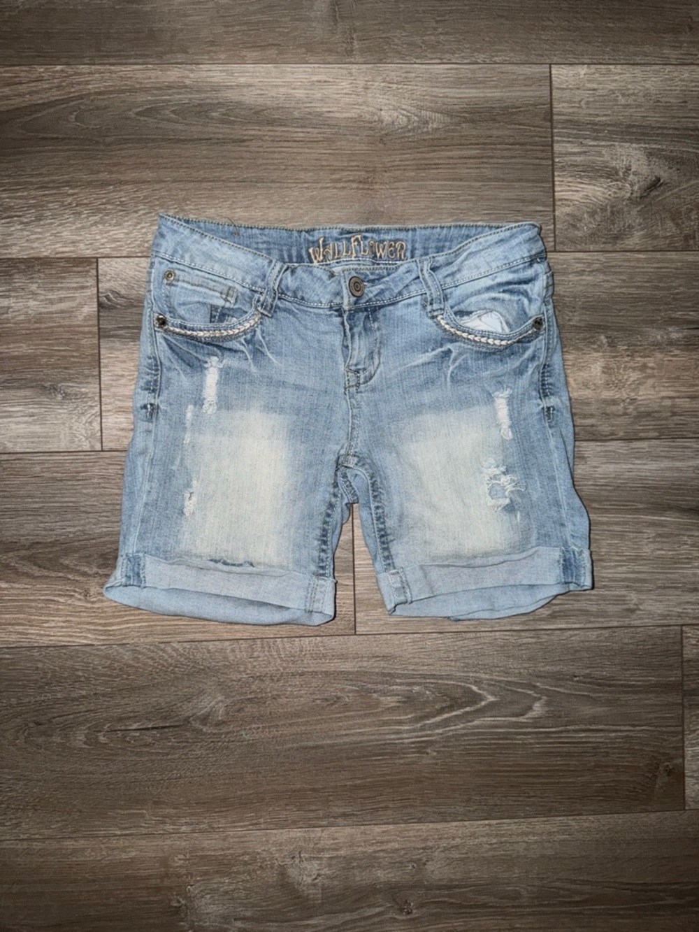 Wildflowers Light Wash Distressed Denim Roll-Hem Shorts